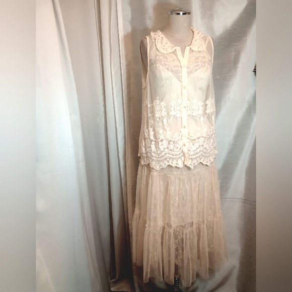 Melady Dresses & Skirts - Melady Lace Midi Dress Set: Shein Tank Top+ Camisole & Layered Skirt, Lght Tan,S